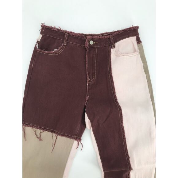 SHEIN Burgundy Pink Tan Patch High Rise Loose Straight Raw Hem Jeans Womens L - Picture 3 of 4